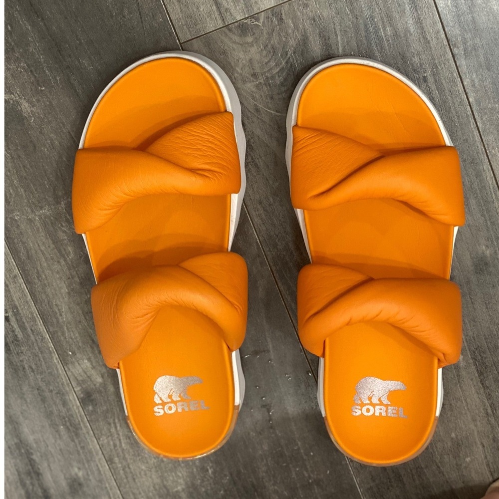 Sorel Viibe Twist Orange Leather Puffy Platform Slide Sandals Womens 8.5 Comfort - Picture 2 of 7